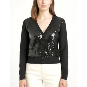 Michael Kors Black Sequin Cardigan Sweater M Glam Party Cropped Knit Party Glam